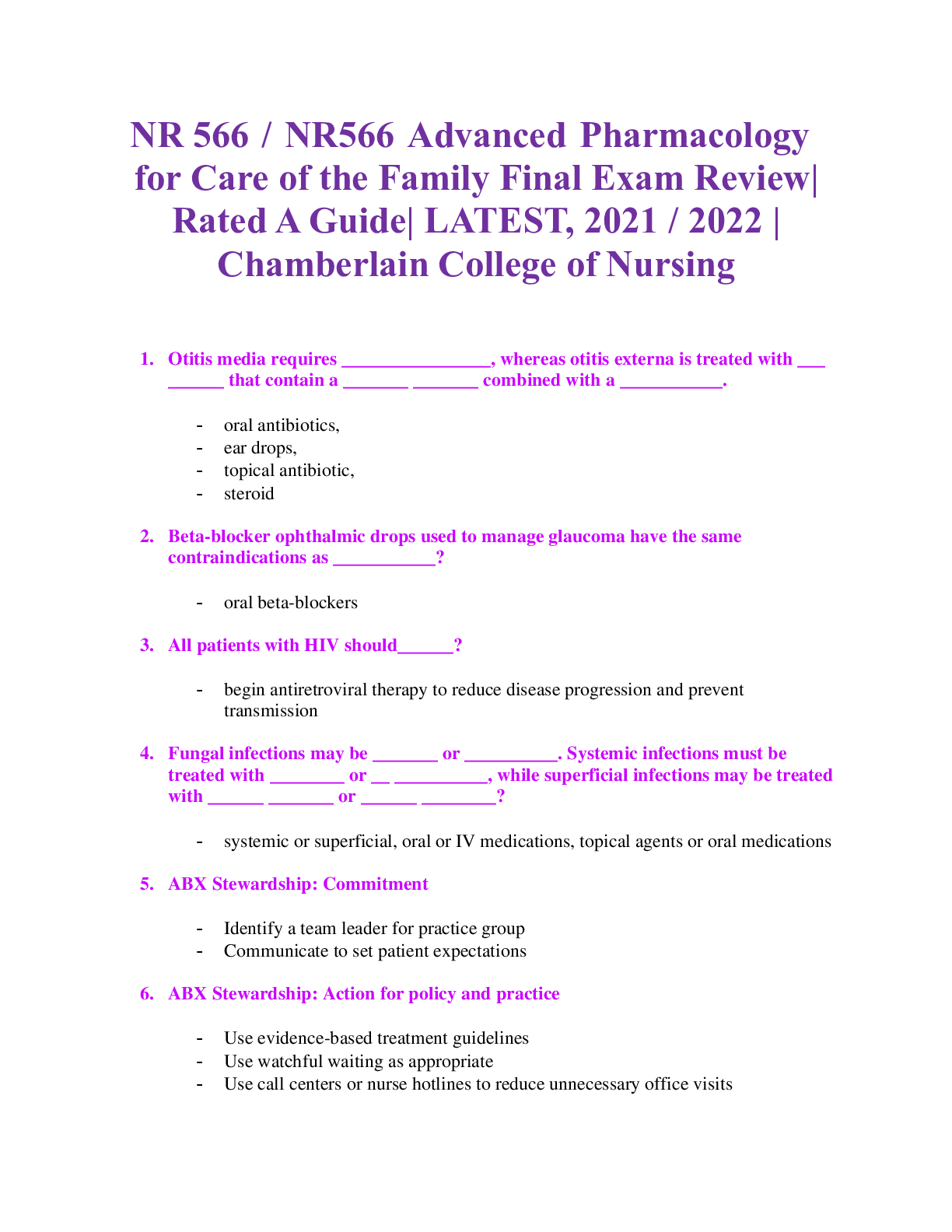 Preview image for NR 566I / NR566 Advanced Pharmacology for Care of the Family Final Exam Review | Rated A Guide with 369 Q&A  | Chamberlain College of Nursing